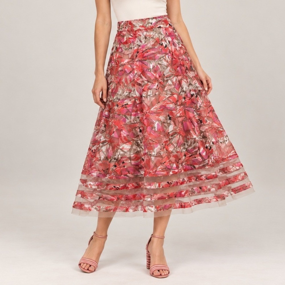 Sachin & Babi Strawberry Hill Organza Midi Skirt 0P Coral Pink